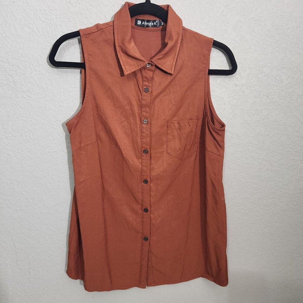 Allegra K Womens Sleeveless Button-Down Blouse Rust Orange Size M Pocket Cottage